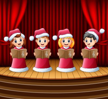 Cartoon children in red santa costume singing christmas carols on the stage clipart