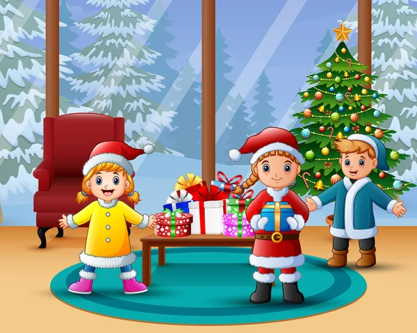 Щасливі Діти Святкують Різдво Вдома — стоковий вектор