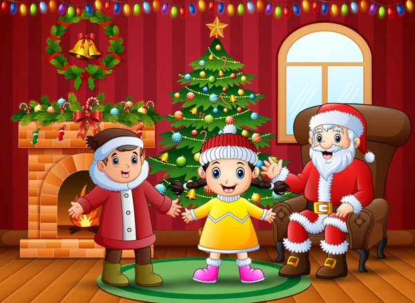 Glückliche Zwei Kinder Feiern Weihnachten Mit Weihnachtsmann — Stockvektor