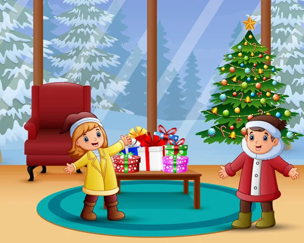 Glückliche Kinder Feiern Weihnachten Hause — Stockvektor