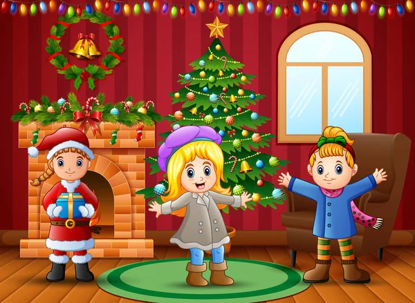 Cartone Animato Bambini Felici Soggiorno Con Natale Decorazione Capodanno — Vettoriale Stock