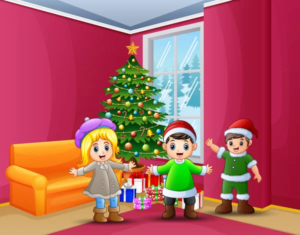 Šťastné Děti Oslavu Vánoce Domově — Stockový vektor