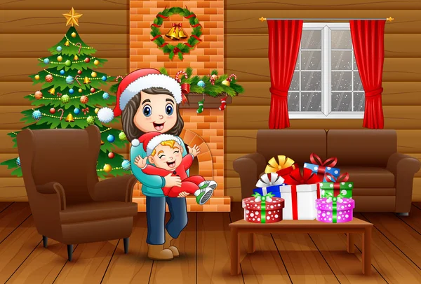 母亲和男婴在家里庆祝圣诞节 — 图库矢量图片