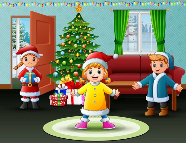 Bambini Felici Festeggiano Natale Casa — Vettoriale Stock