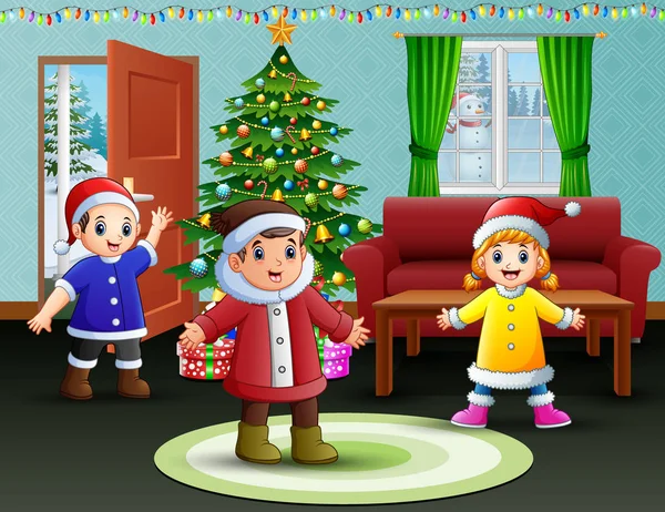 幸せな子供の家庭でクリスマスのお祝い — ストックベクタ