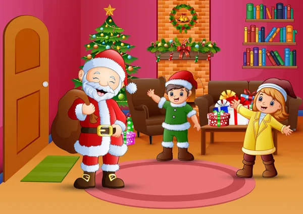 Felice Babbo Natale Due Bambini Soggiorno Con Albero Natale — Vettoriale Stock