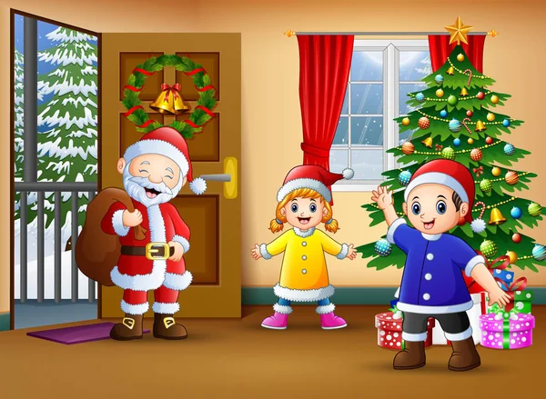 愉快的圣诞老人和二个孩子在客厅与圣诞树 — 图库矢量图片