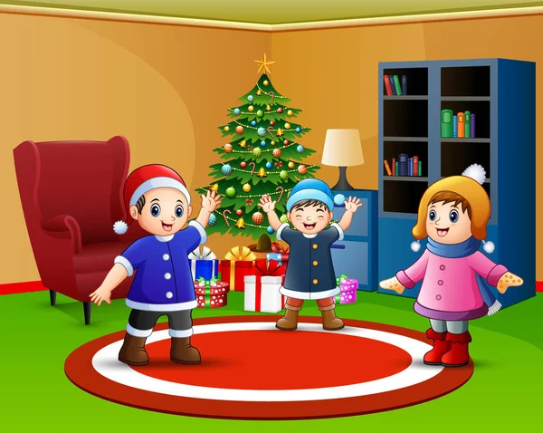 Cartone Animato Bambini Felici Soggiorno Con Albero Natale — Vettoriale Stock