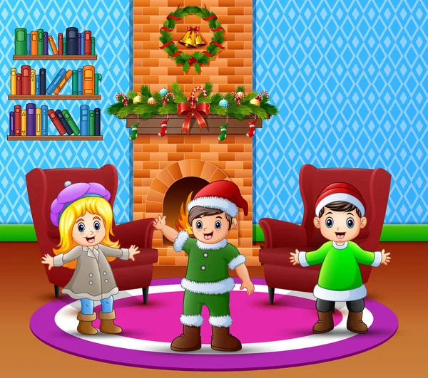 Cartone Animato Bambini Felici Soggiorno Con Natale Decorazione Capodanno — Vettoriale Stock
