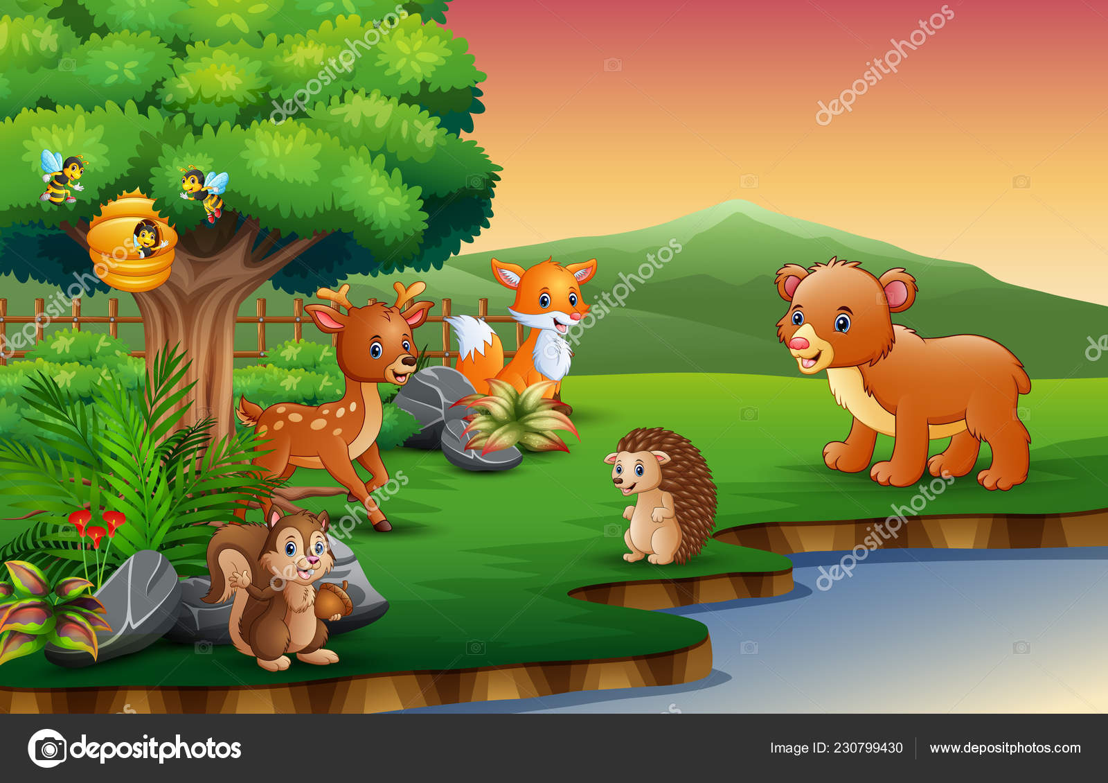 Los Animales Dibujos Animados Están Disfrutando Naturaleza Junto Río