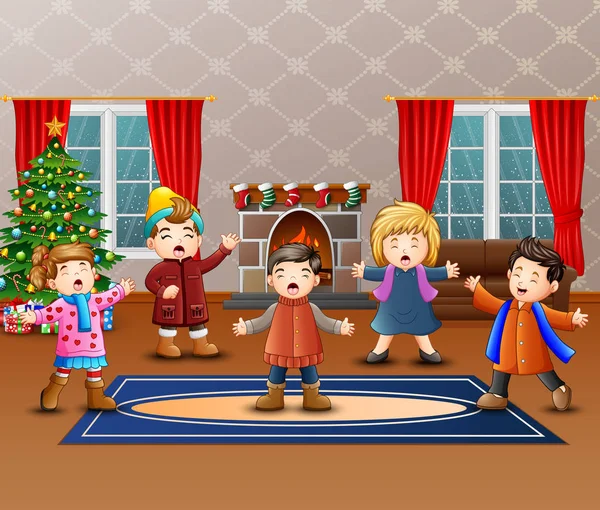 クリスマスの日に歌うグループの子供たちの漫画 — ストックベクタ