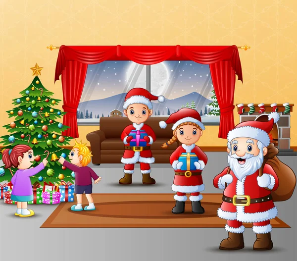 Feliz Três Papai Noel Com Crianças Decorando Árvore Natal — Vetor de Stock