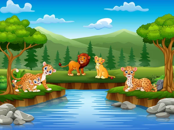 Dieren Cartoon Genieten Van Natuur Door Rivier — Stockvector