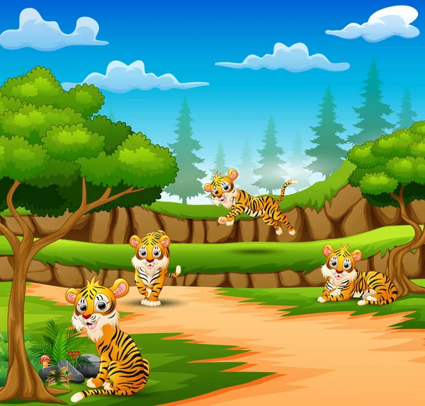 Tigre Dibujos Animados Están Disfrutando Naturaleza Bosque — Vector de stock