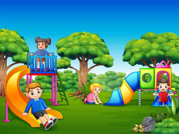 Crianças Felizes Brincando Playground — Vetor de Stock