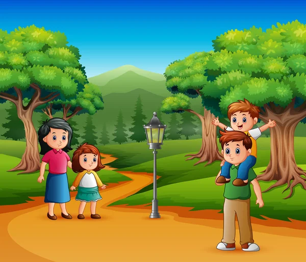Bonne Promenade Famille Dans Une Forêt — Image vectorielle