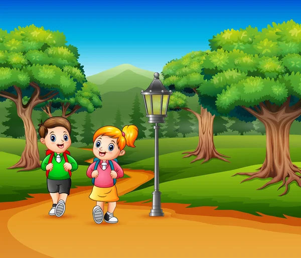 Δύο Παιδιά Σχολικής Ηλικίας Είναι Περπάτημα Στο Δρόμο Ένα Δάσος — Διανυσματικό Αρχείο
