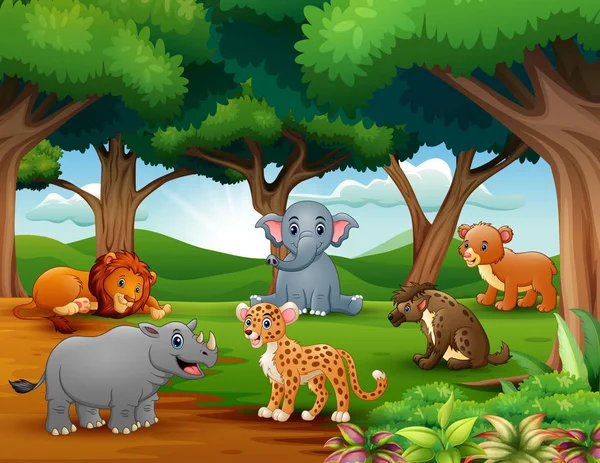 Animals Dessin Animé Profitent Nature Dans Jungle — Image vectorielle