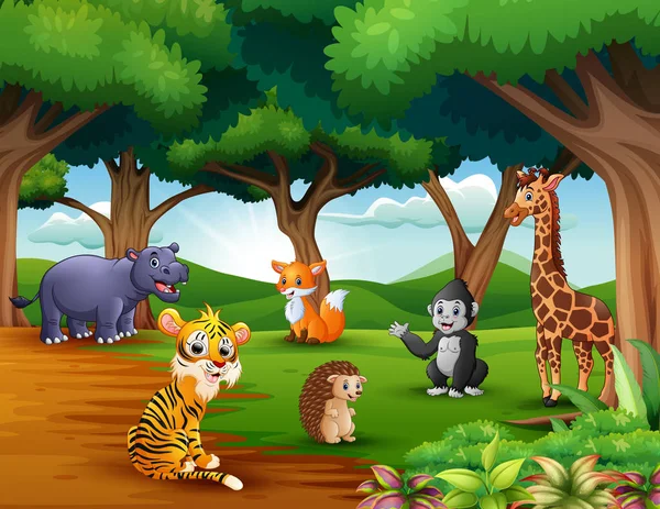 Karikatúra Állatok Élvezik Természet Dzsungelben — Stock Vector