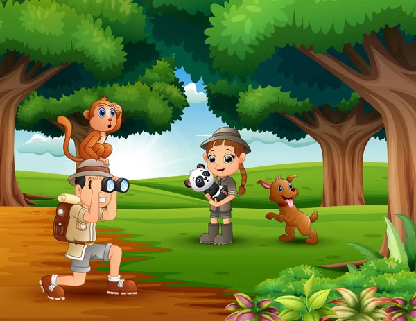 Zookeeper Chico Chica Con Animales Selva — Vector de stock