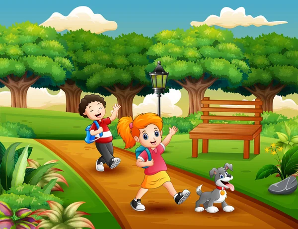 Cartone Animato Due Bambini Che Giocano Nel Parco — Vettoriale Stock