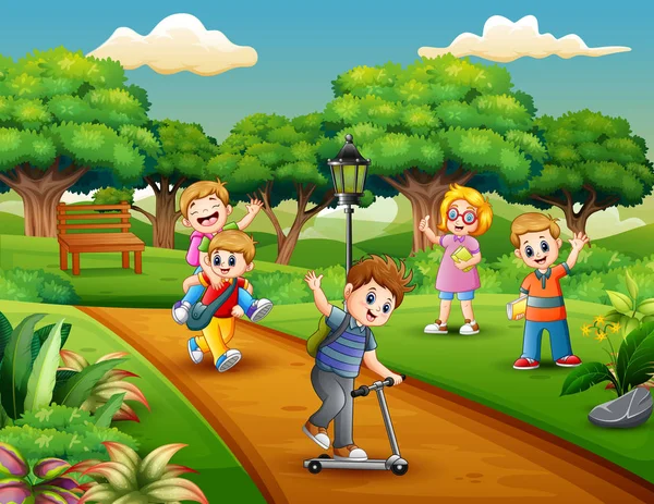 Cartoon Groupe Enfants Jouant Dans Parc — Image vectorielle