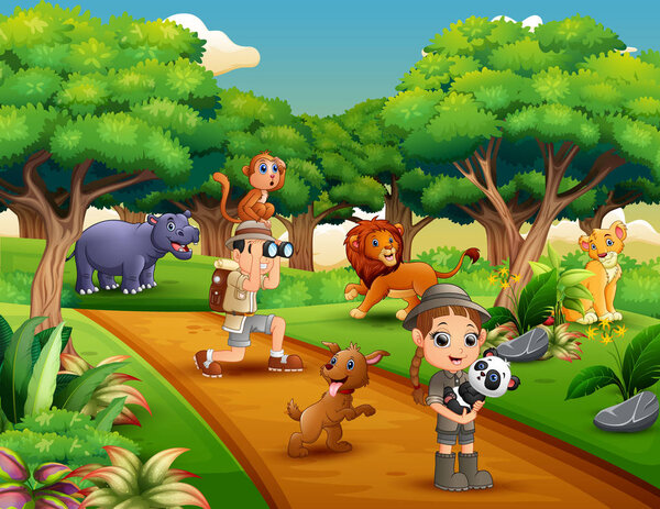Зоограф мальчик и девочка с животными в джунглях
