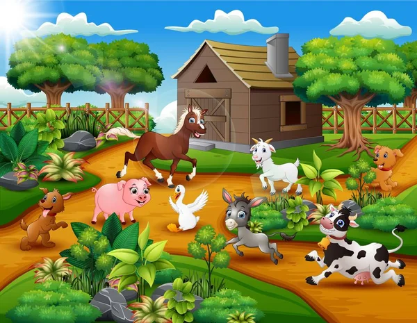 Feliz Animal Granja Jugando Fuera Jaula — Vector de stock