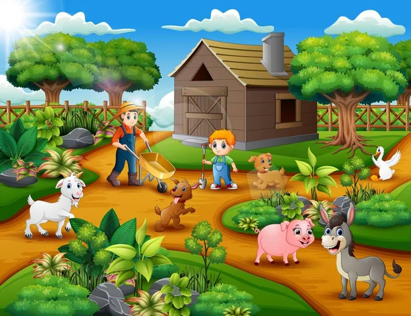 Happy Γεωργικών Δραστηριοτήτων Αγροκτήματα Ζώα — Διανυσματικό Αρχείο