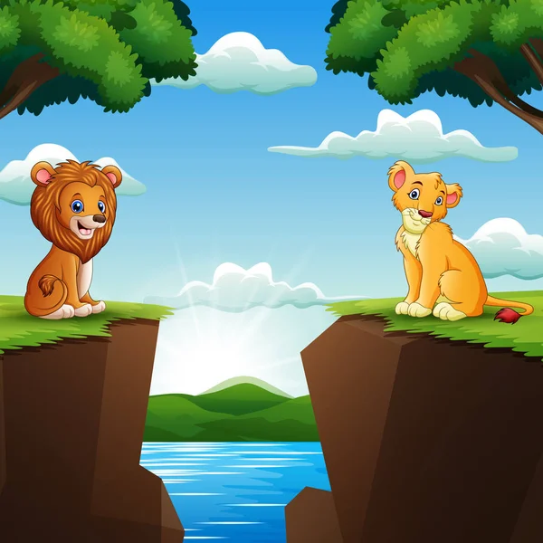 Karikatur Zwei Löwen Vor Klippen Mit Naturhintergrund — Stockvektor