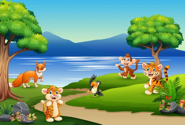 Happy Animals Cartoon Nature Scene — Stock Vector