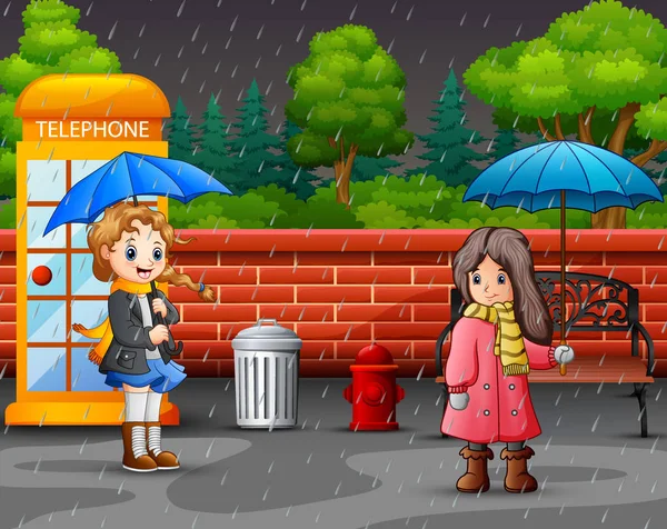 Zwei Mädchen Mit Regenschirm Stadtpark — Stockvektor