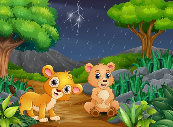 Desenhos Animados Urso Bebê Leão Uma Floresta Sob Chuva —  Vetores de Stock