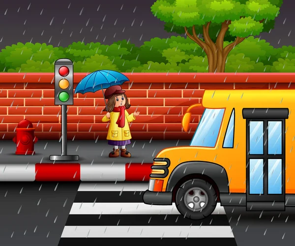 Cartoon Ragazza Che Trasporta Ombrello Sotto Pioggia Sul Ciglio Della — Vettoriale Stock