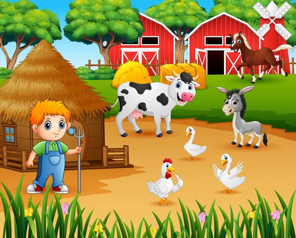 农夫和农场动物在农场围场 — 图库矢量图片