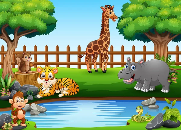 Animales Salvajes Jugando Borde Hermoso Pequeño Estanque — Vector de stock