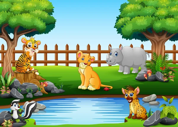 Animales Salvajes Jugando Borde Hermoso Pequeño Estanque — Vector de stock