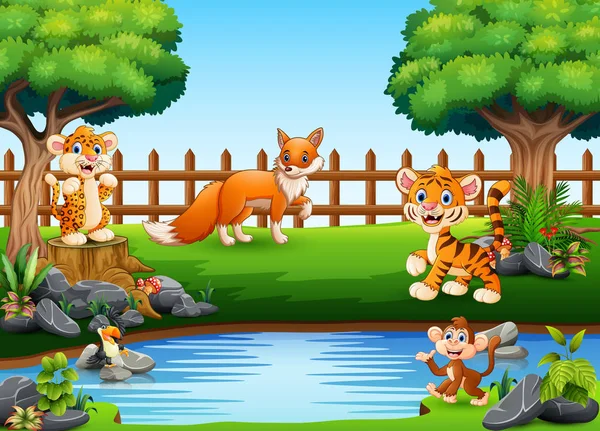 Animales Salvajes Jugando Borde Hermoso Pequeño Estanque — Vector de stock