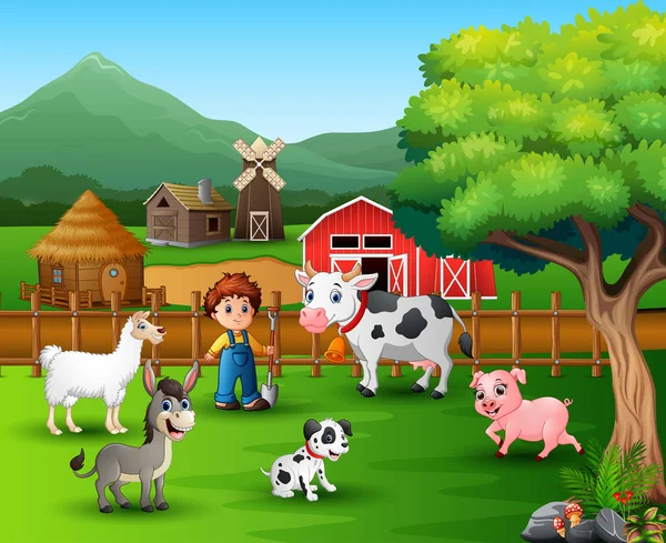 农场院子里有不同的动物和农民的农场场景 — 图库矢量图片