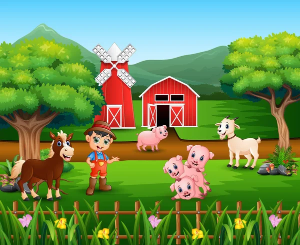 Escenas Granja Con Muchos Animales Agricultores — Vector de stock