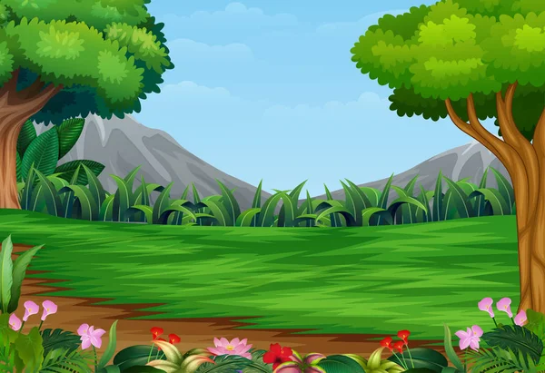 Paisaje Panorámico Hermoso Parque Con Fondo Montaña — Vector de stock