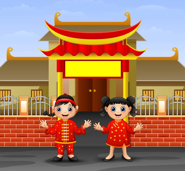 Tapınağın Önünde Çizgi Film Çinli Çocuklar — Stok Vektör