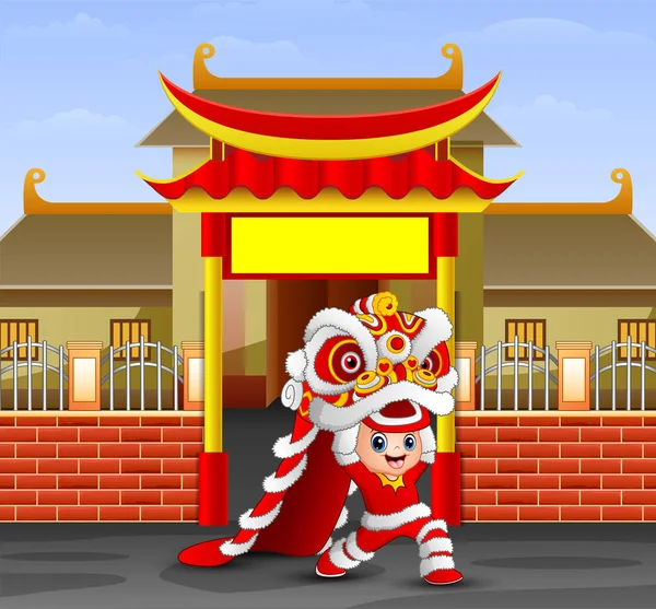 Tapınağın Önünde Çocuk Oyun Çin Ejderha Dansı — Stok Vektör
