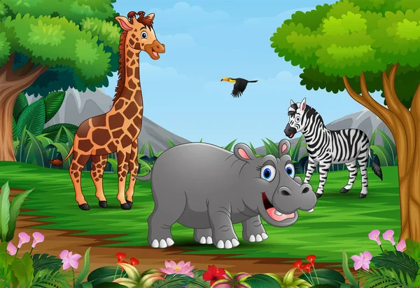 Animales Salvajes Dibujos Animados Están Jugando Selva — Vector de stock
