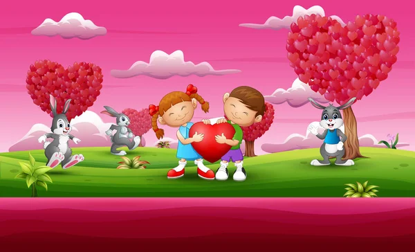 Cartoon Lyckliga Paret Kid Innehar Ett Hjärta Med Många Kanin — Stock vektor