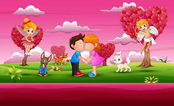 Cartoon Kleiner Junge Und Mädchen Küssen Sich Schönen Rosa Garten — Stockvektor