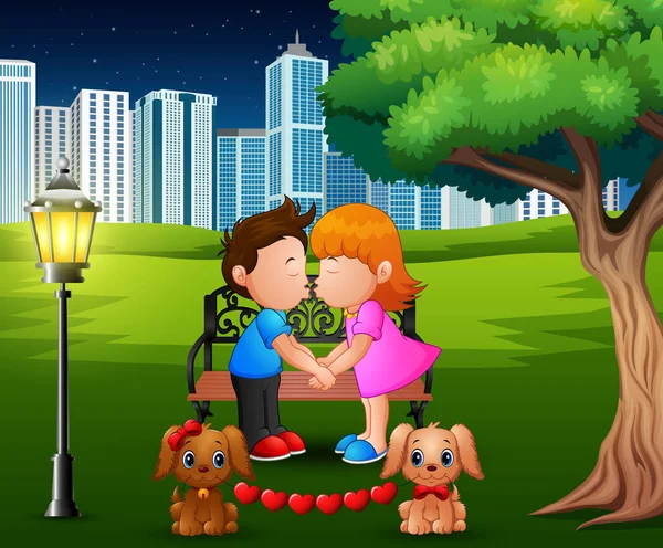 Desenhos Animados Casal Romântico Beijando Sob Árvore Parque —  Vetores de Stock