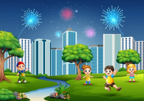 Kinderen Buiten Spelen Met Stadsgezicht Vuurwerk Lucht — Stockvector