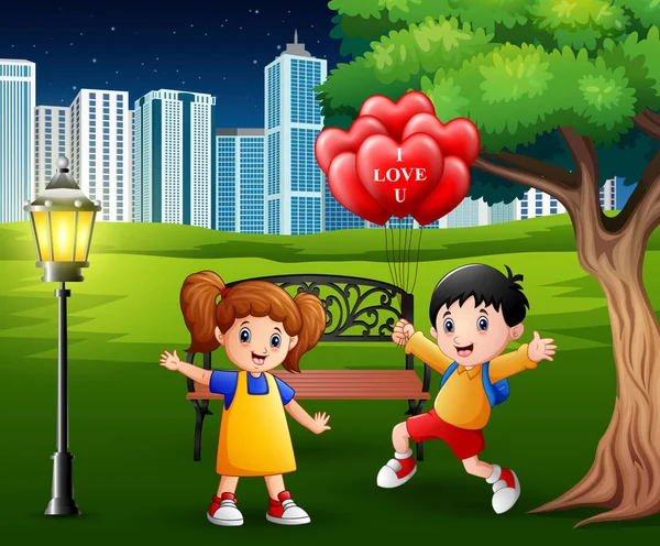Chlapci Dát Dívky Červené Srdce Tvaru Bubliny Vzduchu Městském Parku — Stockový vektor