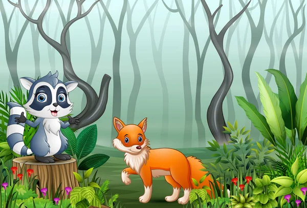 Animali Cartone Animato Una Foresta Nebbiosa Con Vista Sui Rami — Vettoriale Stock